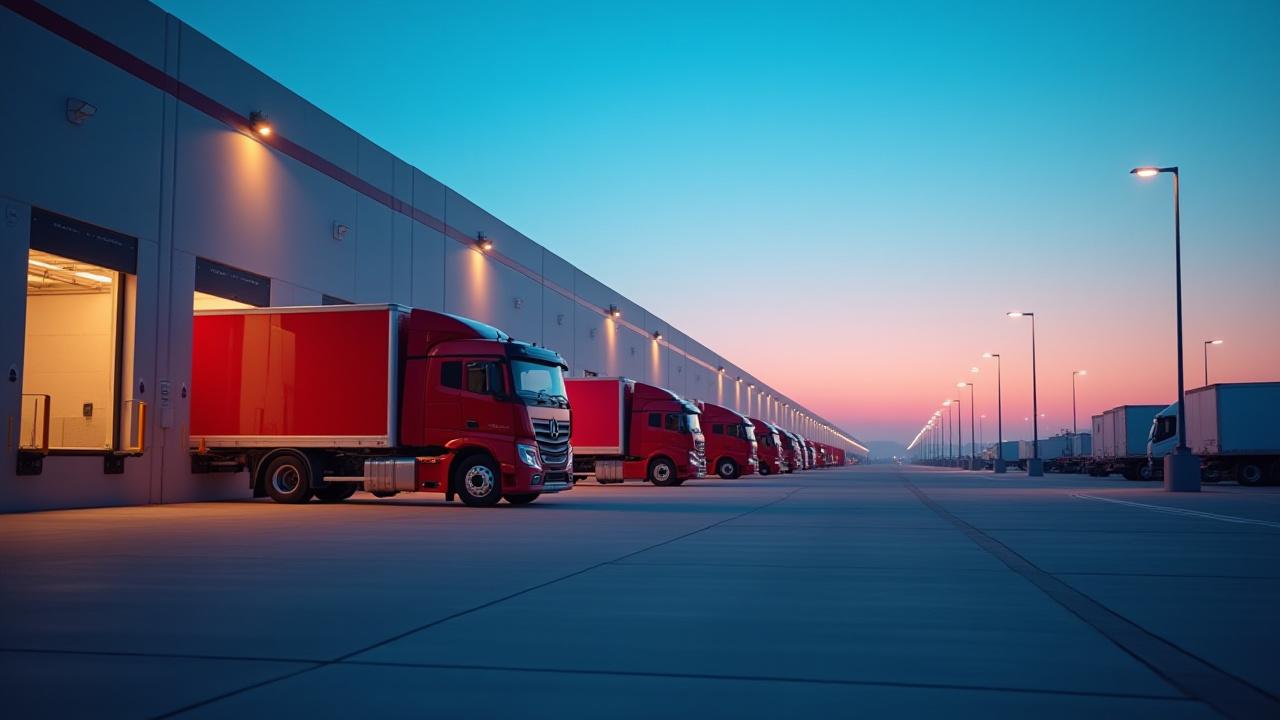 A high-capacity logistics truck docked at a modern retail distribution center at sunset