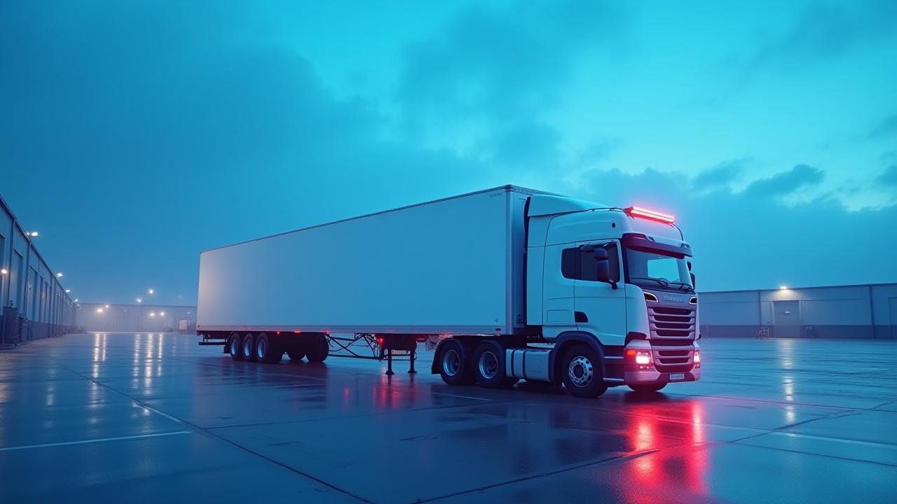 Refrigerated freight truck under professional lighting