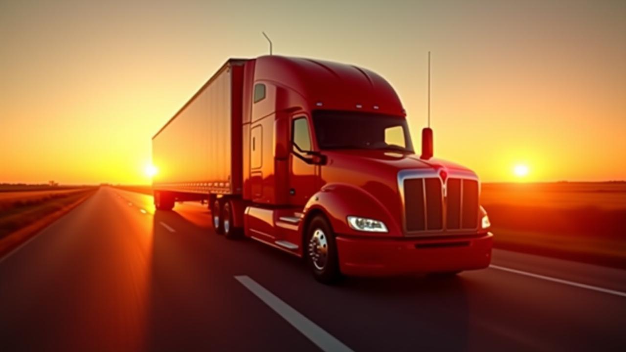 Heavy-duty freight truck on an open highway during golden hour